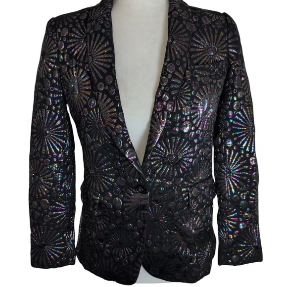 Rebecca Minkoff Blazer Jacket Womens 0 Black Base/Iridescent Maximalist Textured - Picture 15 of 15